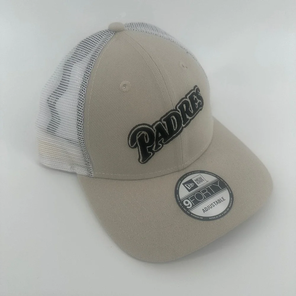 San Diego Padres Trucker Hat Men OSFM Stone New Era 9FORTY Adjustable Mesh Cap